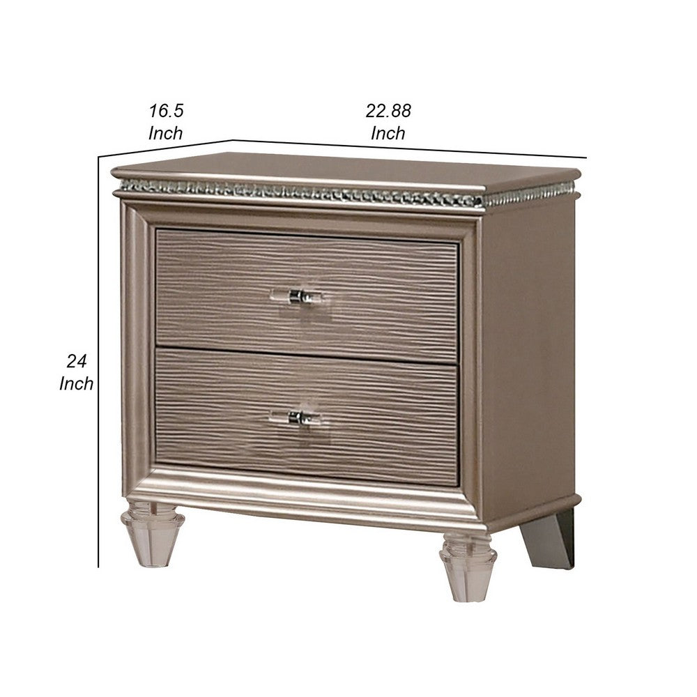 Benjara Jisoo 24 Inch Nightstand, 2 Drawers, Textured Drawer Panels, Gold Finish