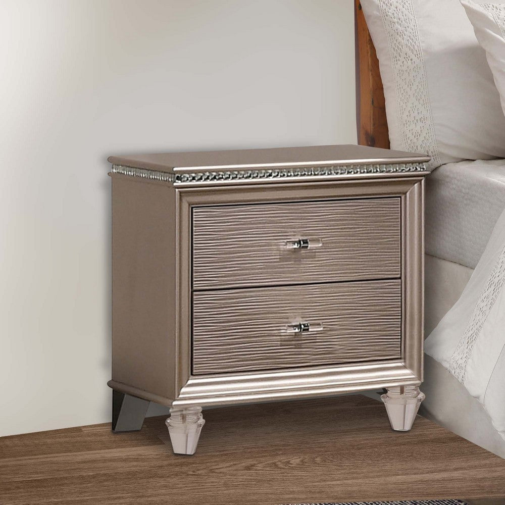 Benjara Jisoo 24 Inch Nightstand, 2 Drawers, Textured Drawer Panels, Gold Finish