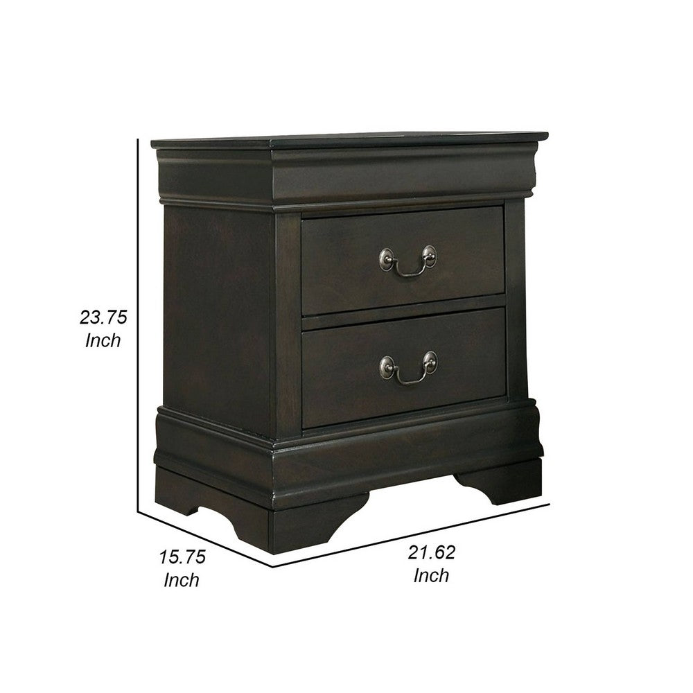 Benjara Ryla 24 Inch Nightstand, 2 Drawers, Solid Wood, Metal Drop Handles, Gray