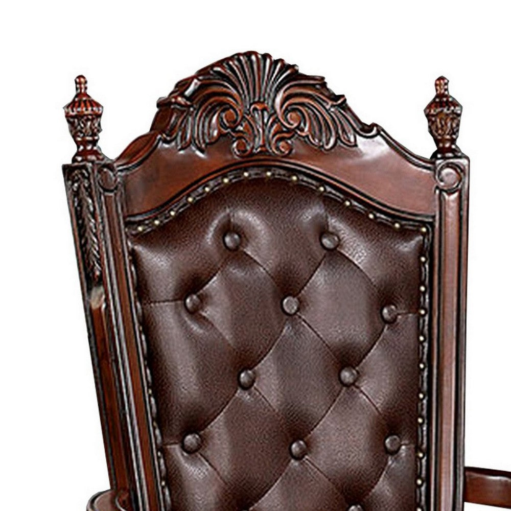 Benjara Iga 29 Inch Tufted Dining Armchair, Set of 2, Brown Faux Leather, Nailhead
