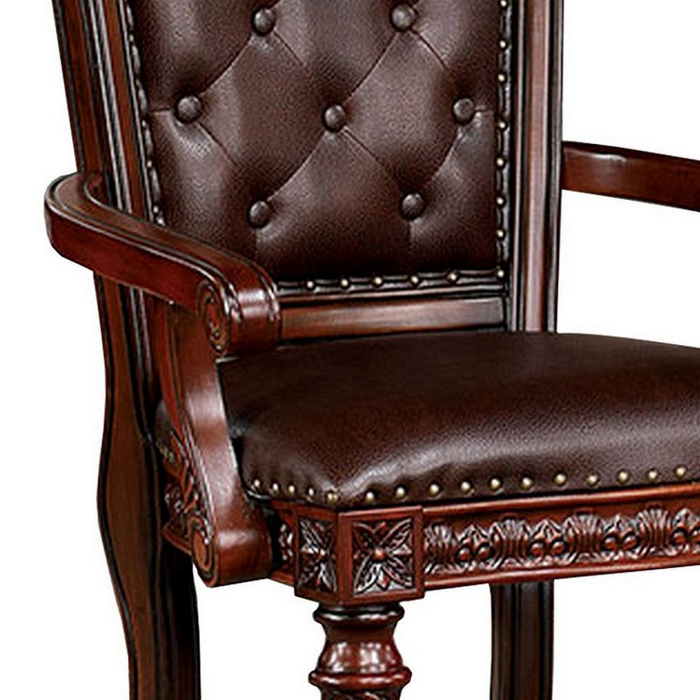 Benjara Iga 29 Inch Tufted Dining Armchair, Set of 2, Brown Faux Leather, Nailhead