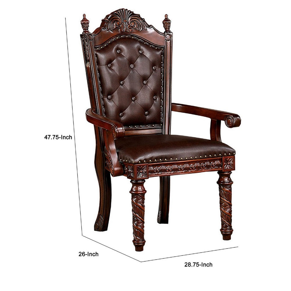 Benjara Iga 29 Inch Tufted Dining Armchair, Set of 2, Brown Faux Leather, Nailhead