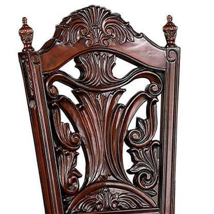 Benjara Iga 22 Inch Carved Dining Chair, Set of 2, Faux Leather Seat, Nailhead Trim