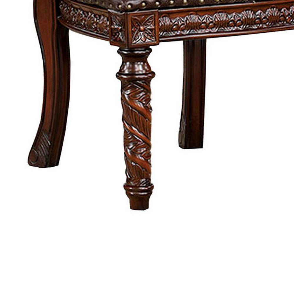 Benjara Iga 22 Inch Carved Dining Chair, Set of 2, Faux Leather Seat, Nailhead Trim