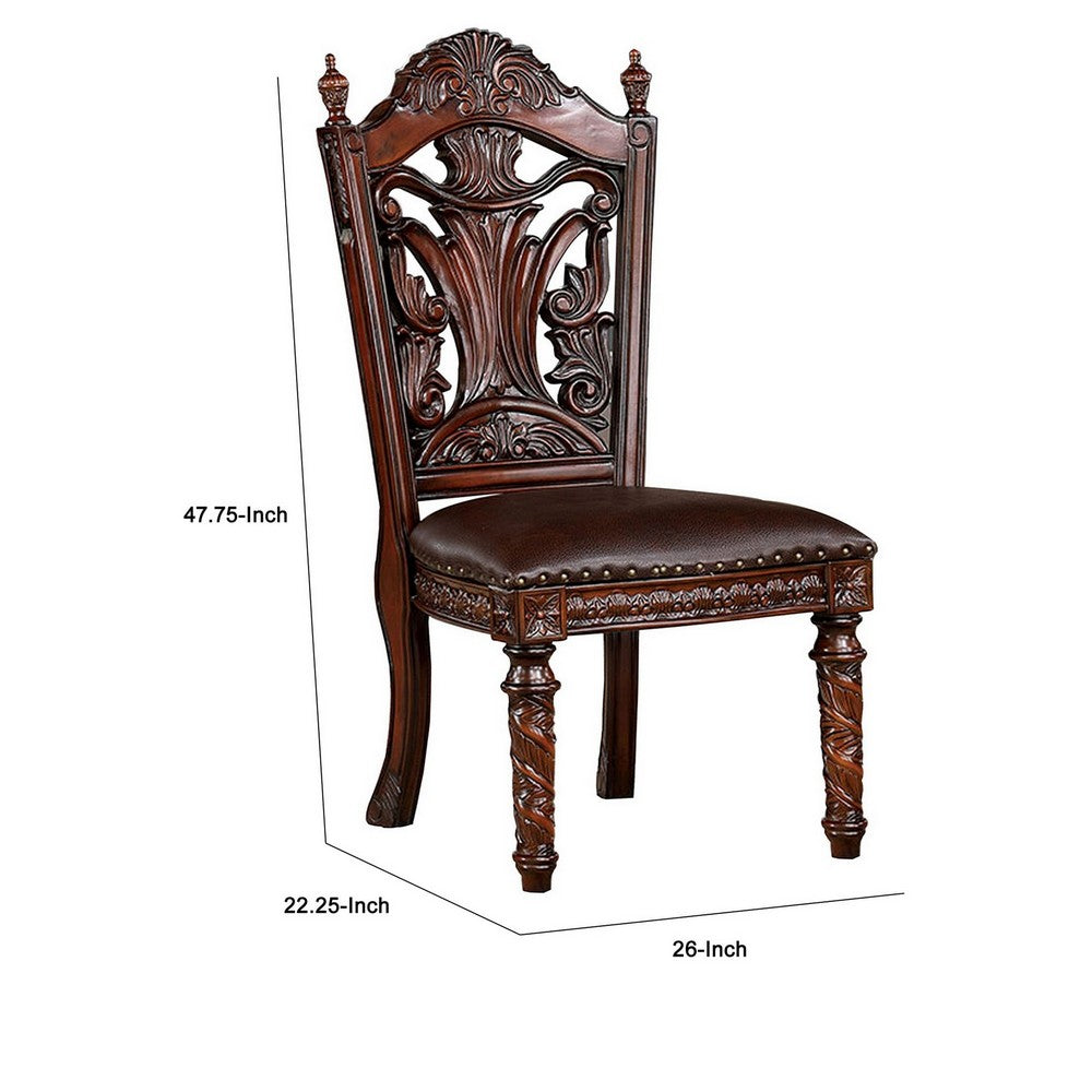 Benjara Iga 22 Inch Carved Dining Chair, Set of 2, Faux Leather Seat, Nailhead Trim
