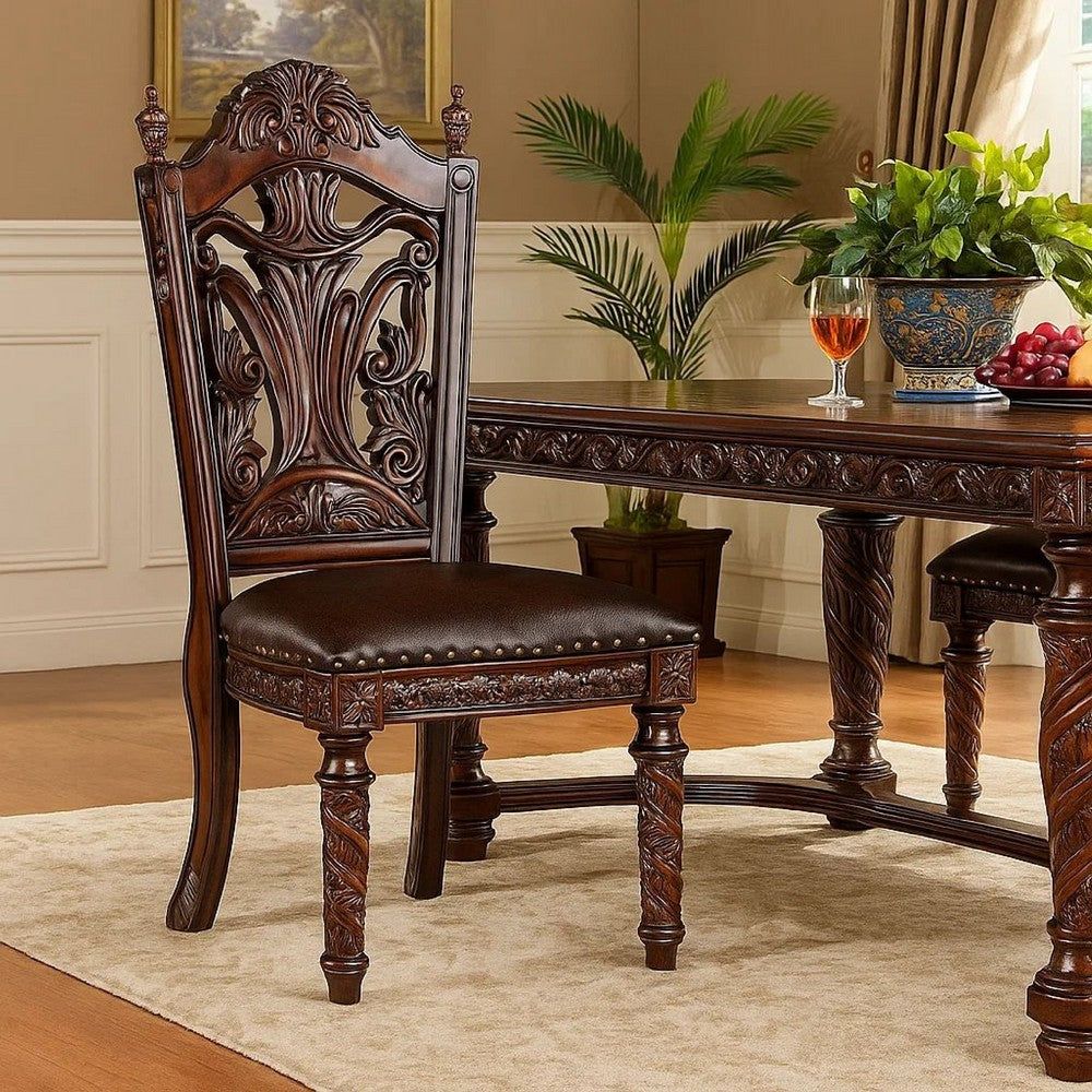 Benjara Iga 22 Inch Carved Dining Chair, Set of 2, Faux Leather Seat, Nailhead Trim