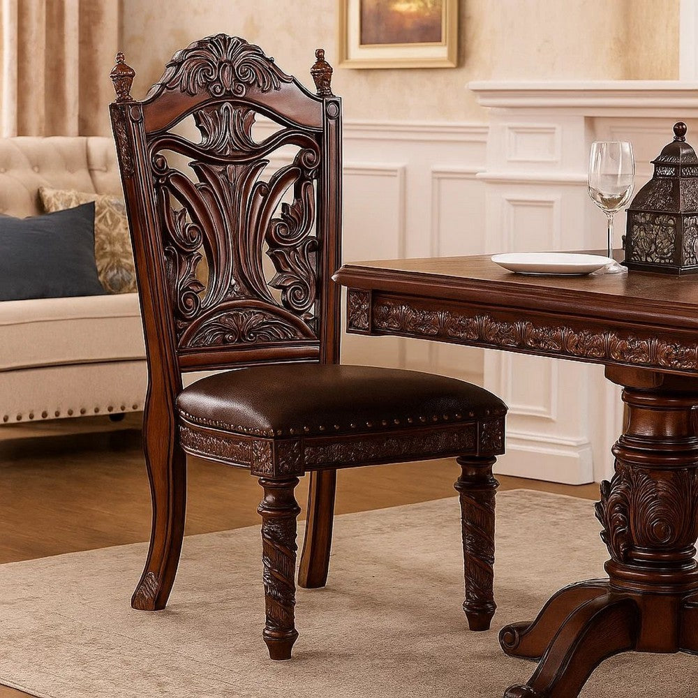 Benjara Iga 22 Inch Carved Dining Chair, Set of 2, Faux Leather Seat, Nailhead Trim