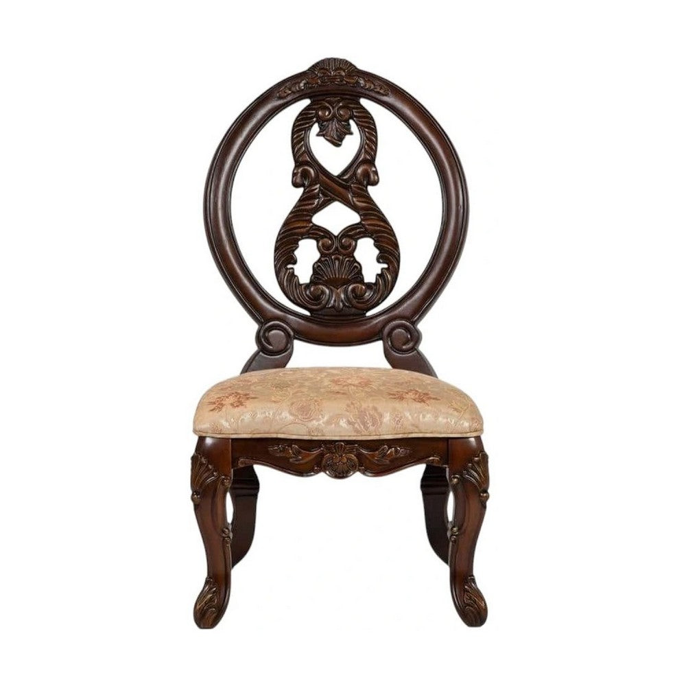 Benjara 23 Inch Carved Dining Chair, Set of 2, Cabriole Legs, Tan Fabric Seating