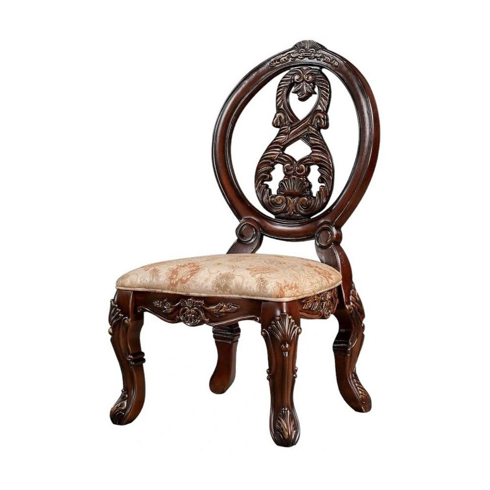 Benjara 23 Inch Carved Dining Chair, Set of 2, Cabriole Legs, Tan Fabric Seating