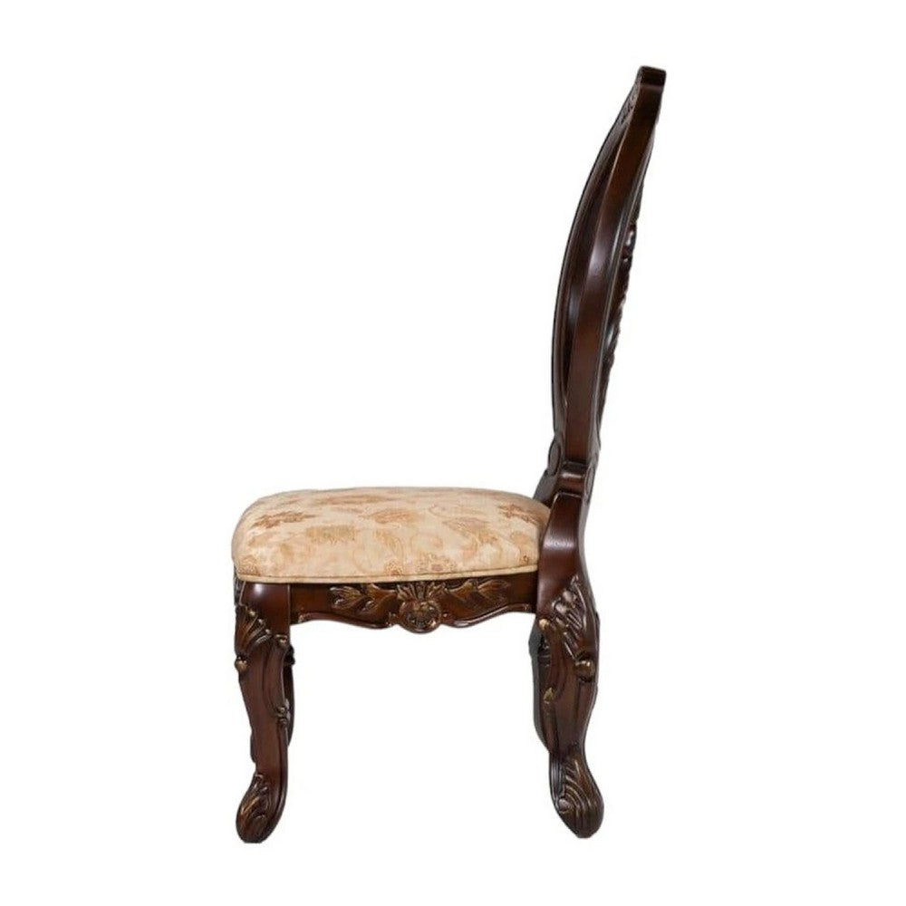 Benjara 23 Inch Carved Dining Chair, Set of 2, Cabriole Legs, Tan Fabric Seating