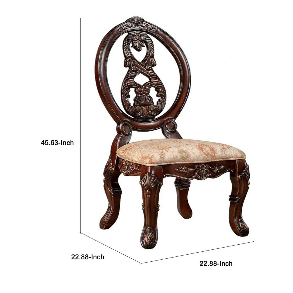 Benjara 23 Inch Carved Dining Chair, Set of 2, Cabriole Legs, Tan Fabric Seating
