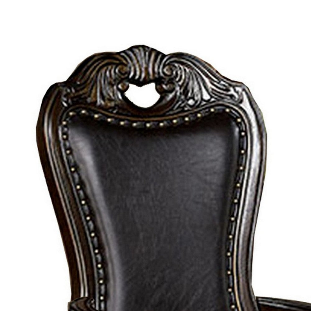 Benjara Ons 29 Inch Carved Dining Armchair, Set of 2, Brown Faux Leather