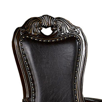 Benjara Ons 29 Inch Carved Dining Armchair, Set of 2, Brown Faux Leather