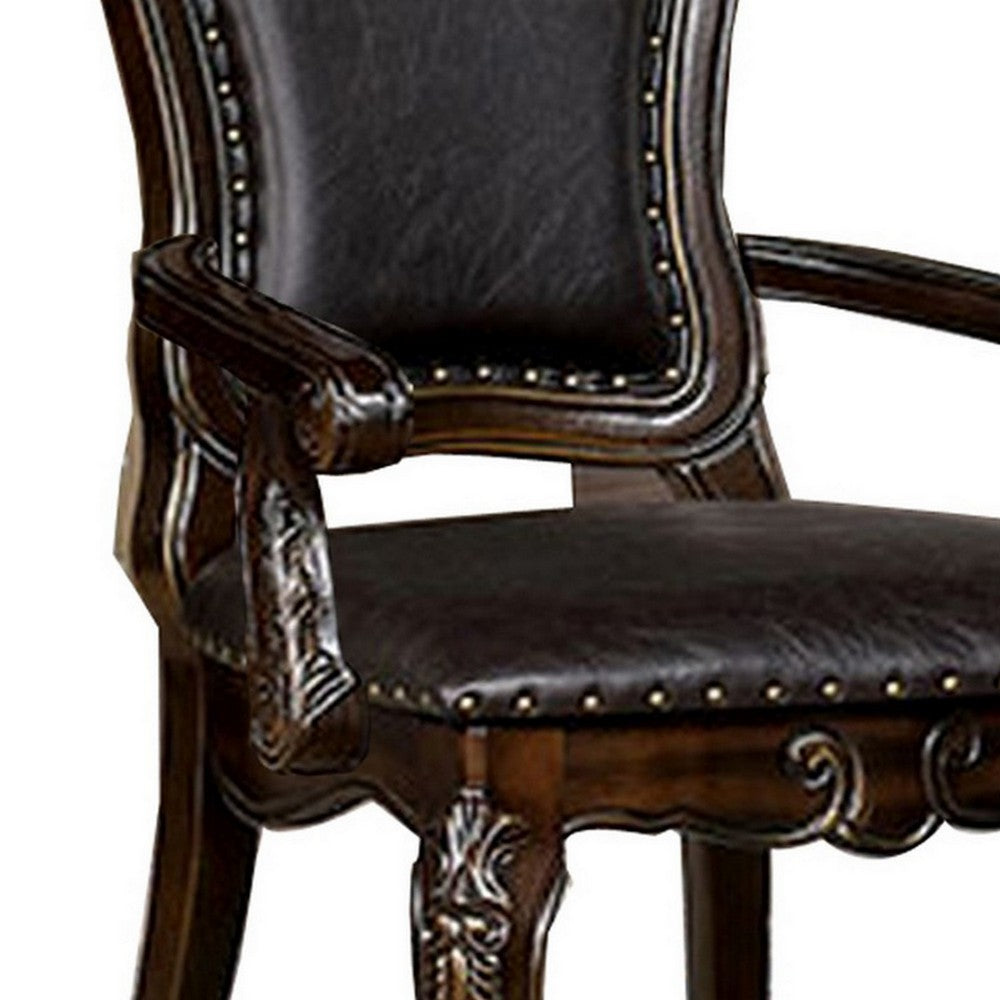 Benjara Ons 29 Inch Carved Dining Armchair, Set of 2, Brown Faux Leather