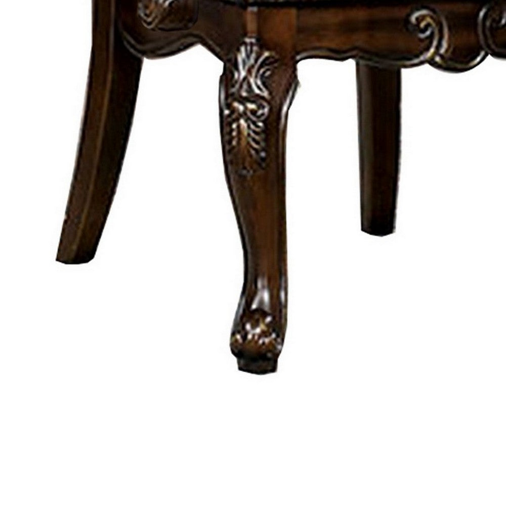 Benjara Ons 29 Inch Carved Dining Armchair, Set of 2, Brown Faux Leather