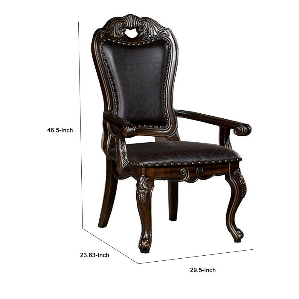 Benjara Ons 29 Inch Carved Dining Armchair, Set of 2, Brown Faux Leather