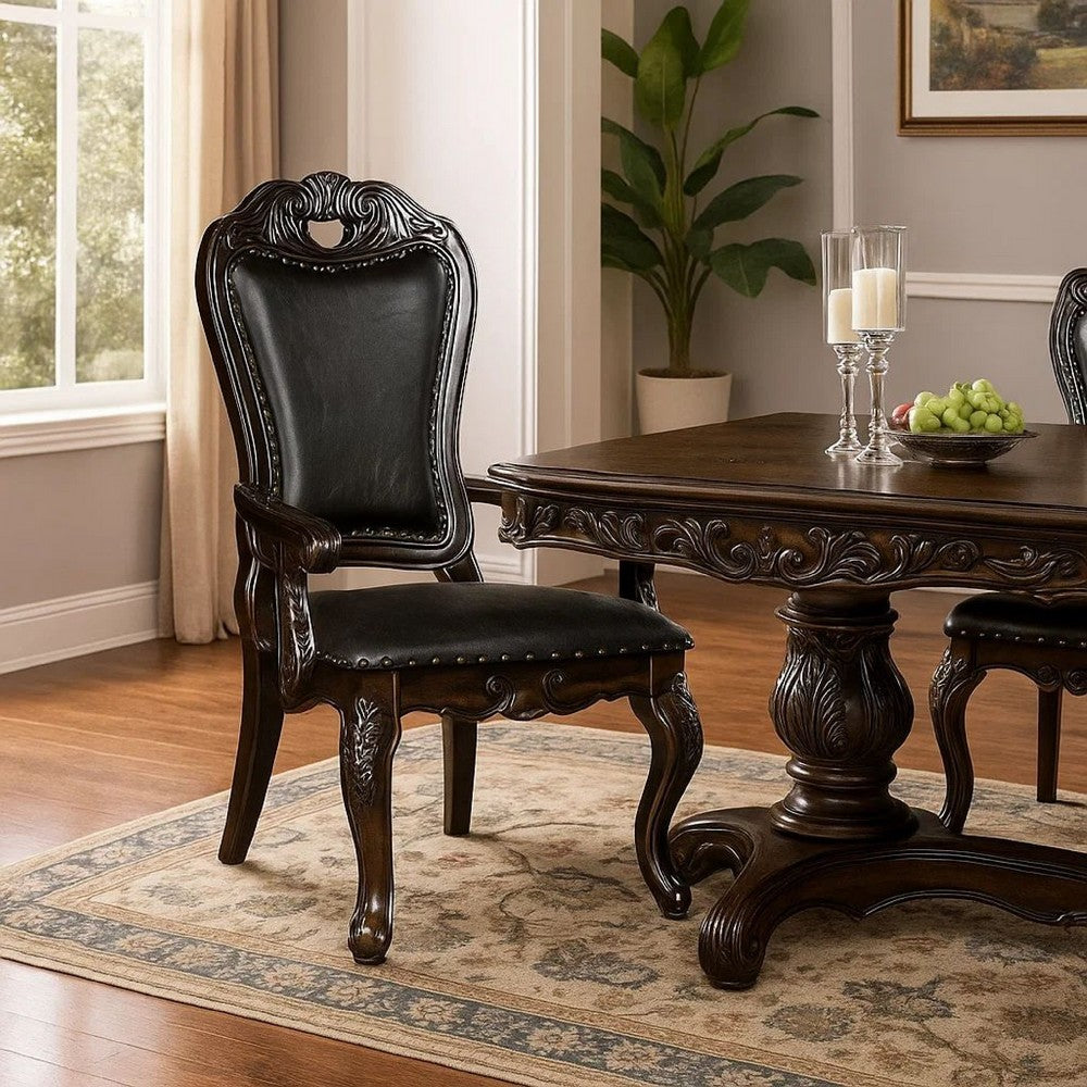 Benjara Ons 29 Inch Carved Dining Armchair, Set of 2, Brown Faux Leather