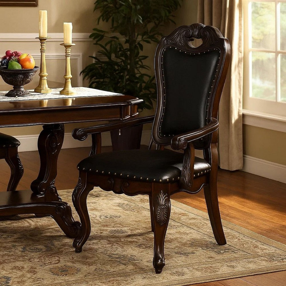 Benjara Ons 29 Inch Carved Dining Armchair, Set of 2, Brown Faux Leather