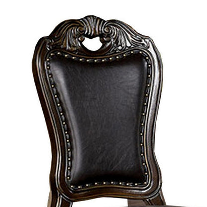 Benjara Ons 23 Inch Carved Dining Chair, Set of 2, Nailhead Trim Brown Faux Leather