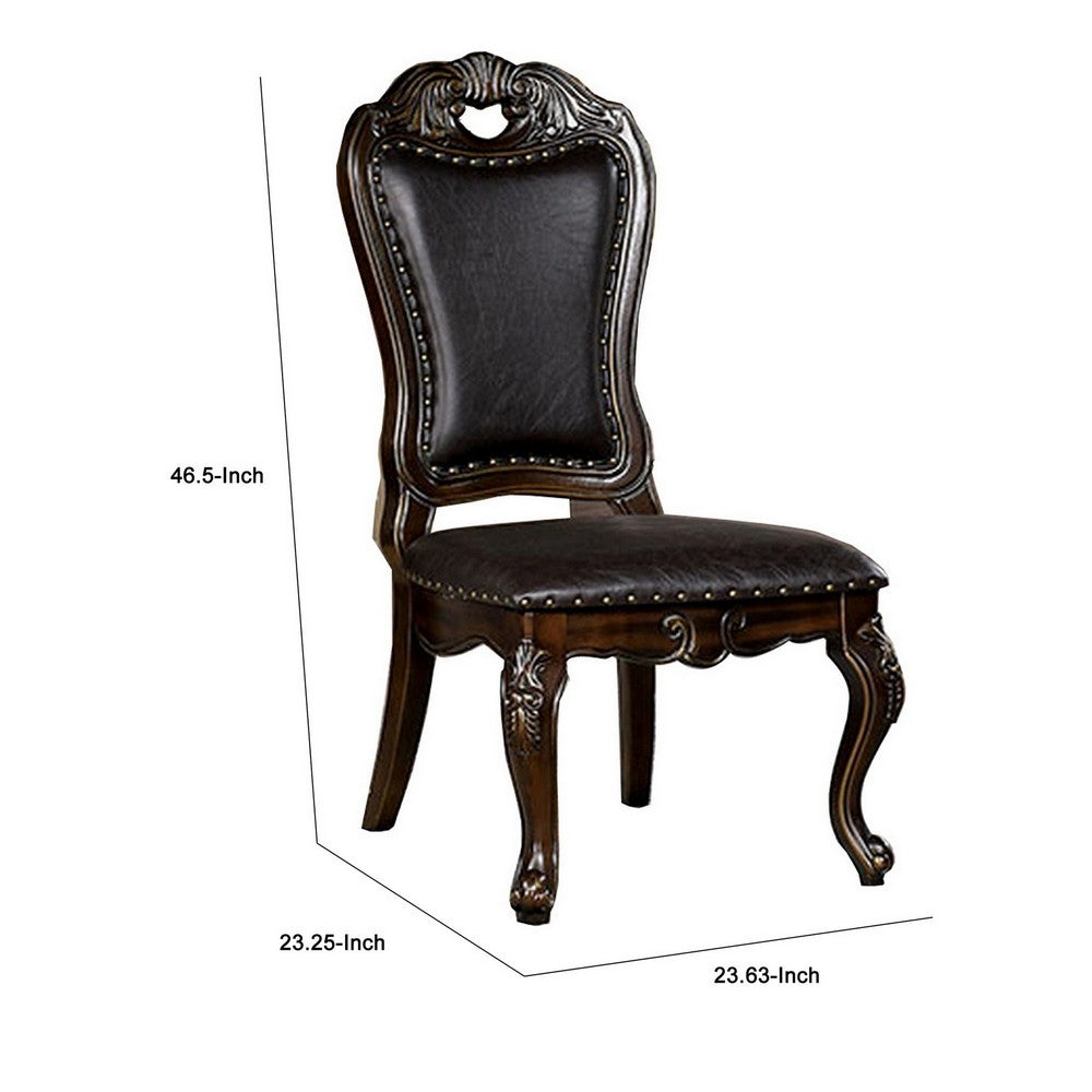 Benjara Ons 23 Inch Carved Dining Chair, Set of 2, Nailhead Trim Brown Faux Leather
