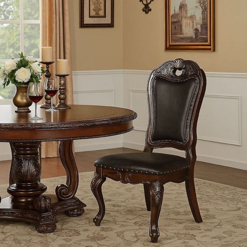 Benjara Ons 23 Inch Carved Dining Chair, Set of 2, Nailhead Trim Brown Faux Leather