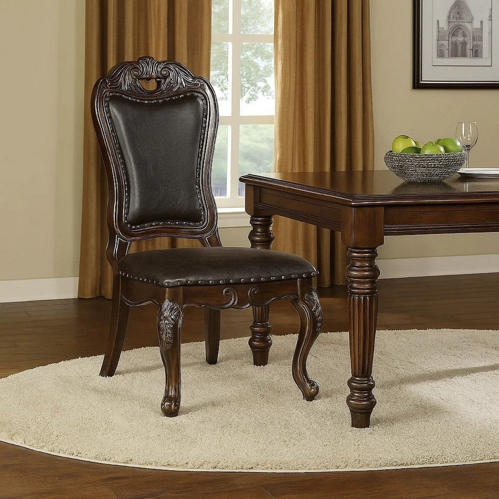 Benjara Ons 23 Inch Carved Dining Chair, Set of 2, Nailhead Trim Brown Faux Leather