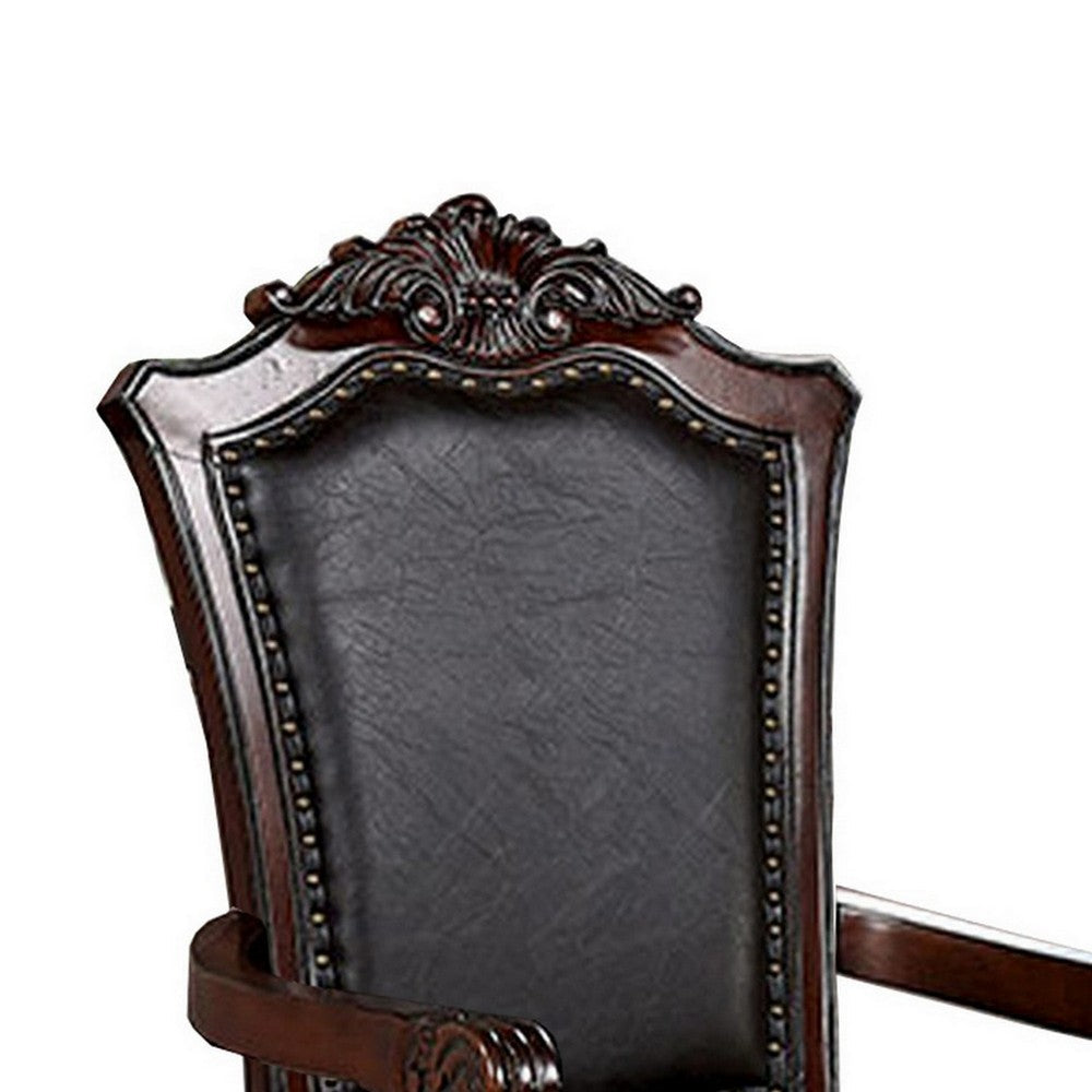 Benjara Albi 28 Inch Carved Dining Armchair, Set of 2, Black Faux Leather