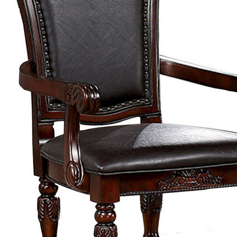 Benjara Albi 28 Inch Carved Dining Armchair, Set of 2, Black Faux Leather