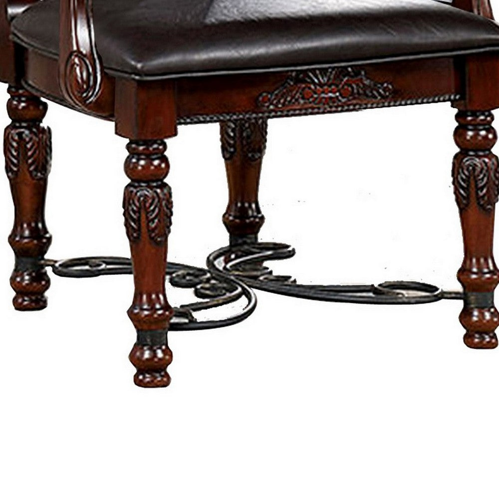 Benjara Albi 28 Inch Carved Dining Armchair, Set of 2, Black Faux Leather