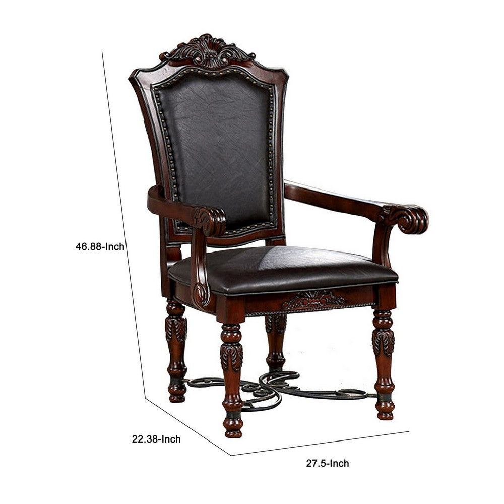 Benjara Albi 28 Inch Carved Dining Armchair, Set of 2, Black Faux Leather