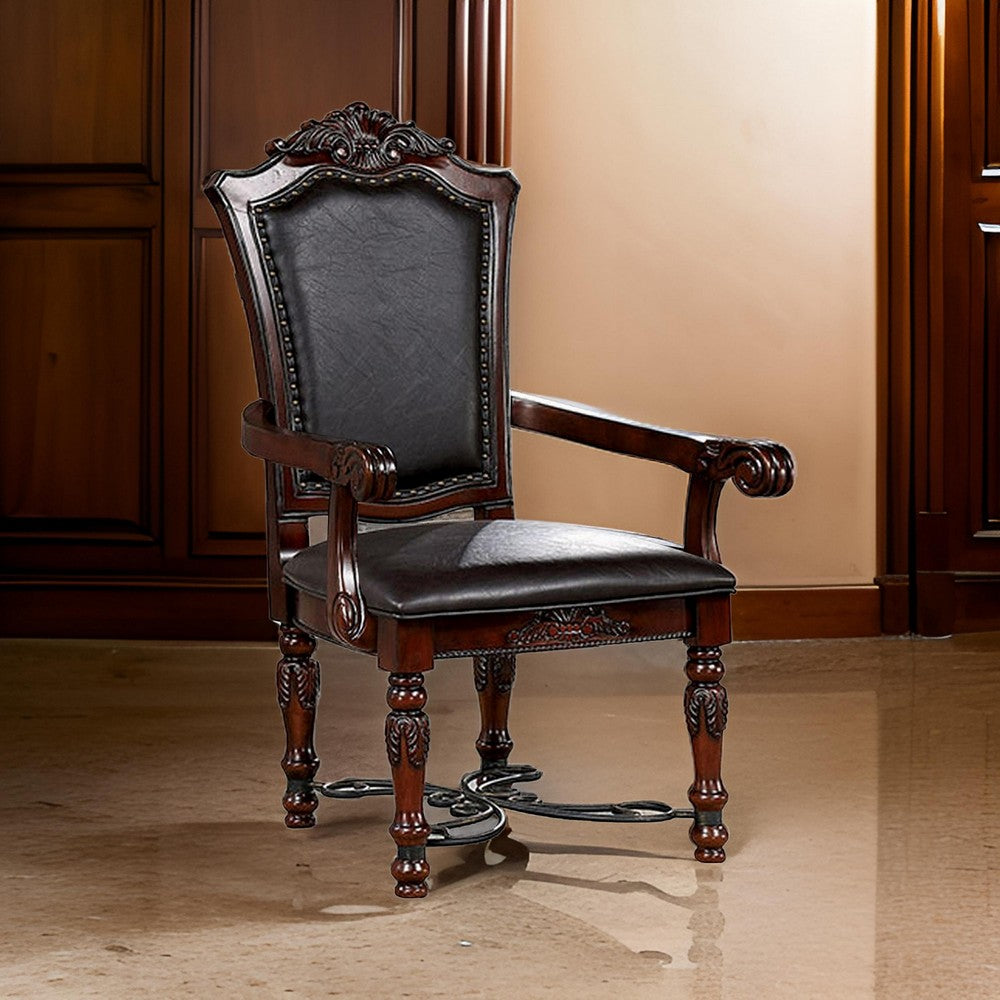 Benjara Albi 28 Inch Carved Dining Armchair, Set of 2, Black Faux Leather
