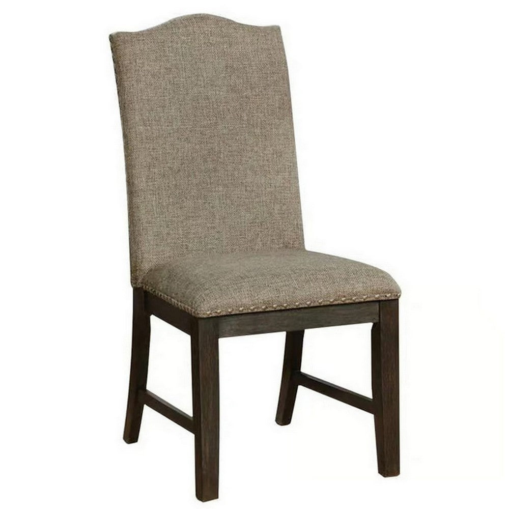 Benjara 20 Inch Dining Chair, Set of 2, Gray Fabric, Espresso Wood, Nailhead Trim
