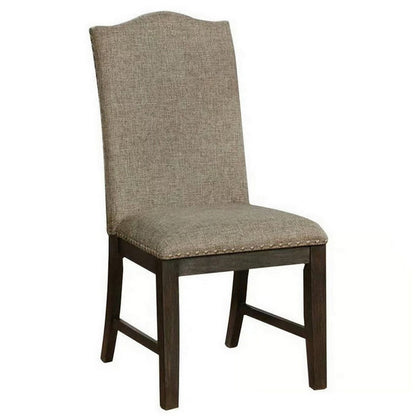 Benjara 20 Inch Dining Chair, Set of 2, Gray Fabric, Espresso Wood, Nailhead Trim