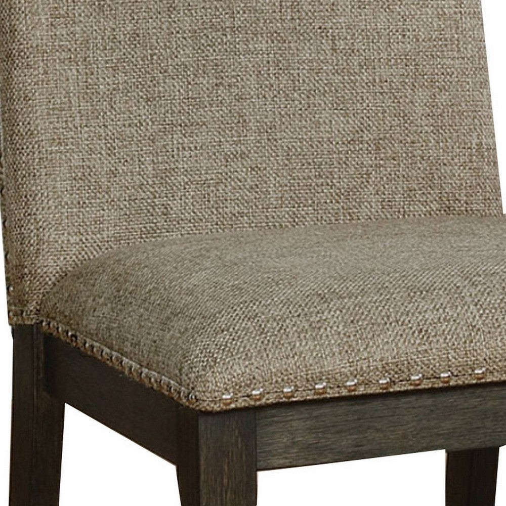 Benjara 20 Inch Dining Chair, Set of 2, Gray Fabric, Espresso Wood, Nailhead Trim
