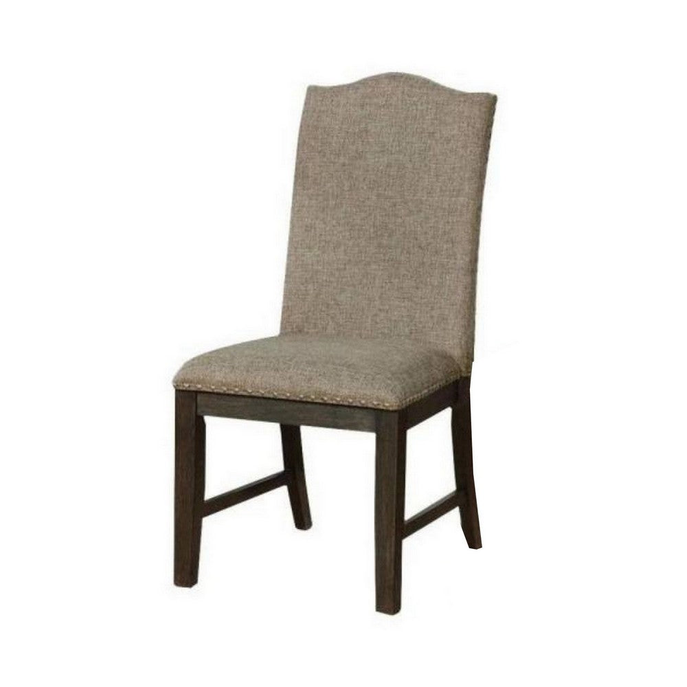 Benjara 20 Inch Dining Chair, Set of 2, Gray Fabric, Espresso Wood, Nailhead Trim