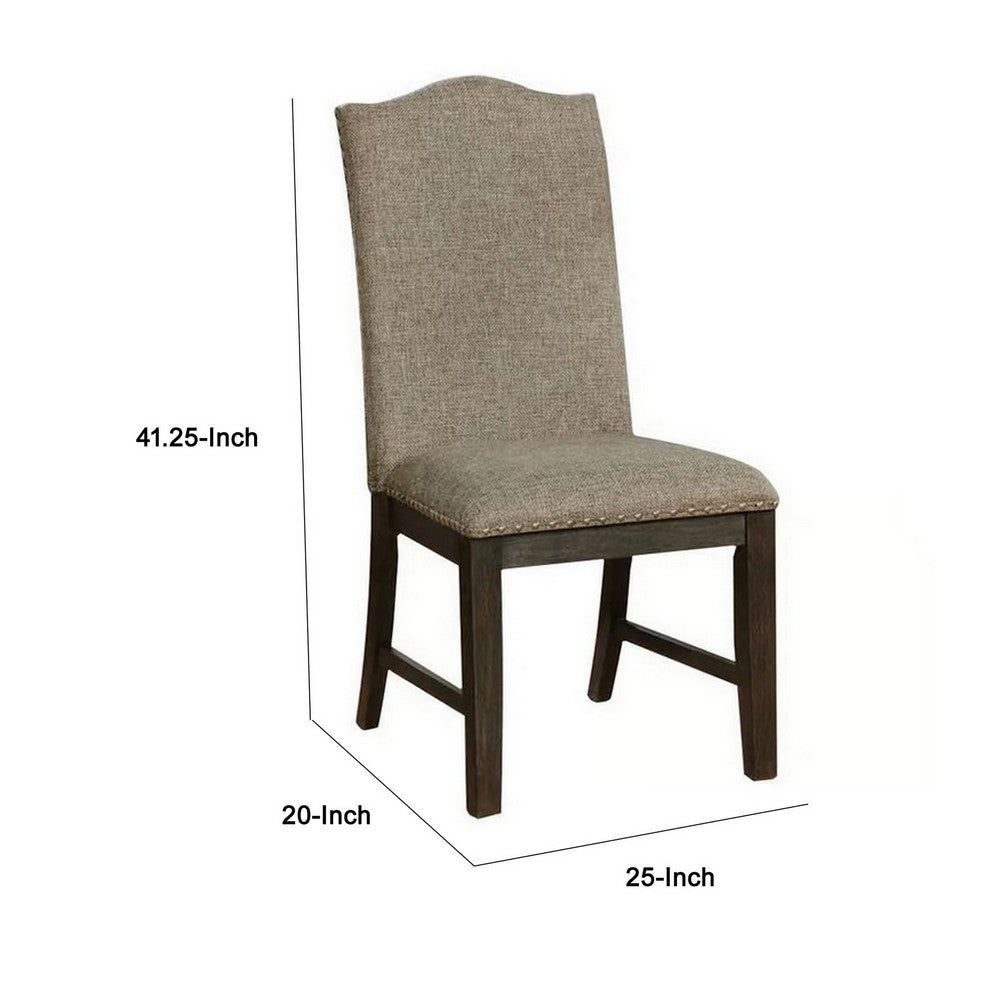 Benjara 20 Inch Dining Chair, Set of 2, Gray Fabric, Espresso Wood, Nailhead Trim