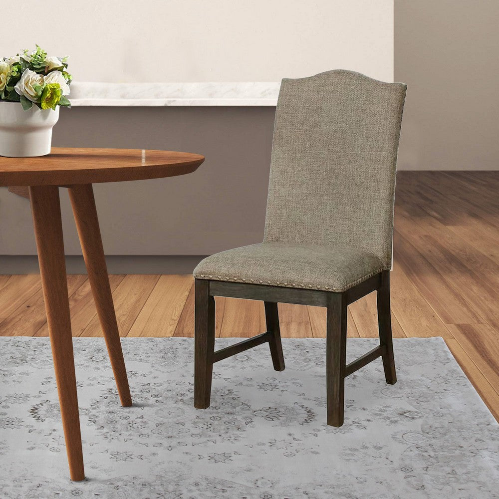 Benjara 20 Inch Dining Chair, Set of 2, Gray Fabric, Espresso Wood, Nailhead Trim