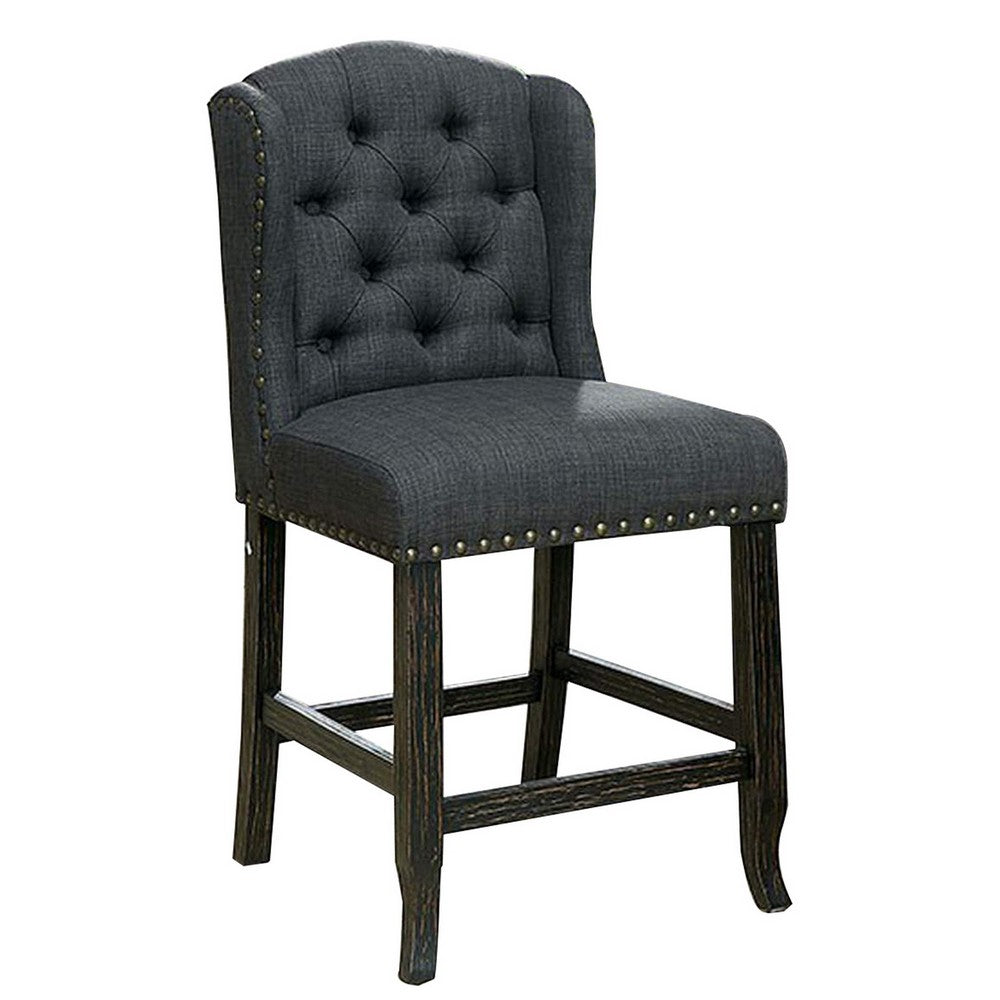 Benjara Bega 24 Inch Counter Height Chair, Set of 2, Wingback, Tufted, Smooth Gray