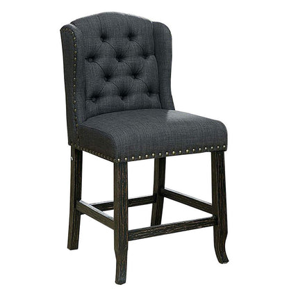 Benjara Bega 24 Inch Counter Height Chair, Set of 2, Wingback, Tufted, Smooth Gray
