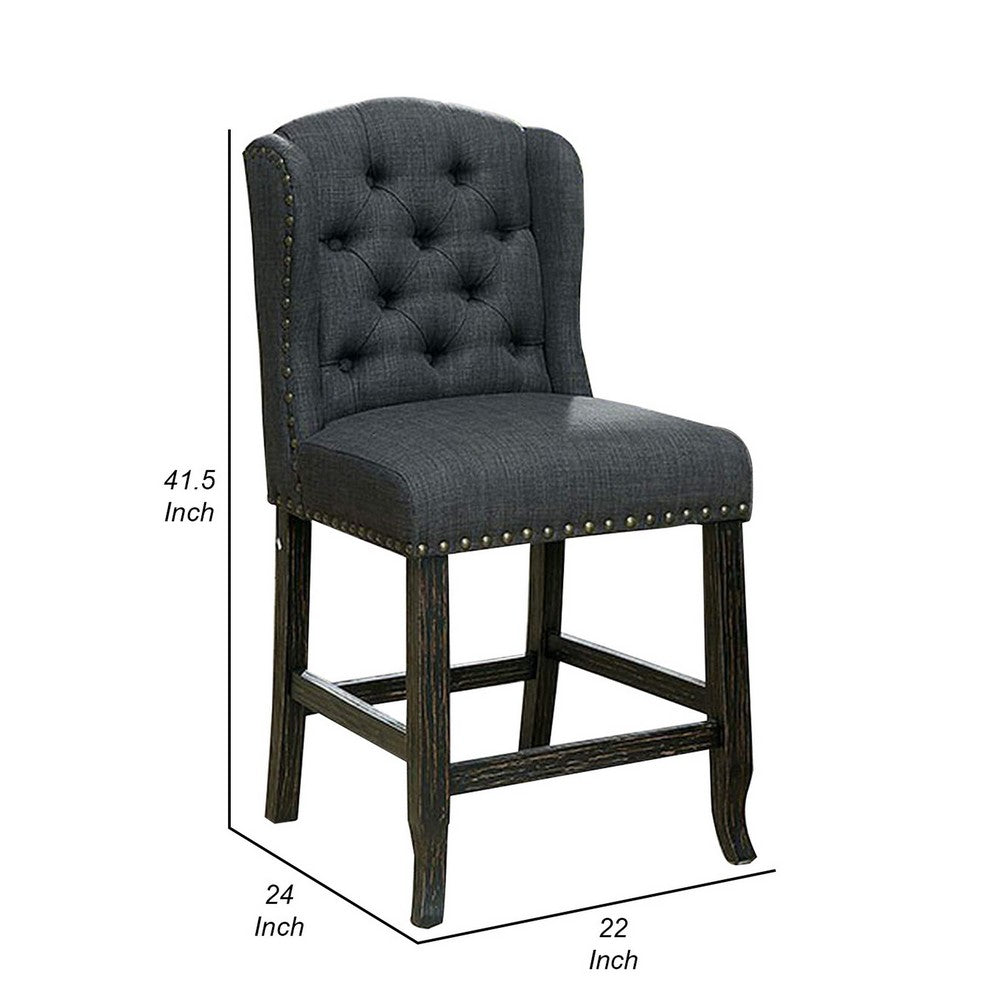 Benjara Bega 24 Inch Counter Height Chair, Set of 2, Wingback, Tufted, Smooth Gray