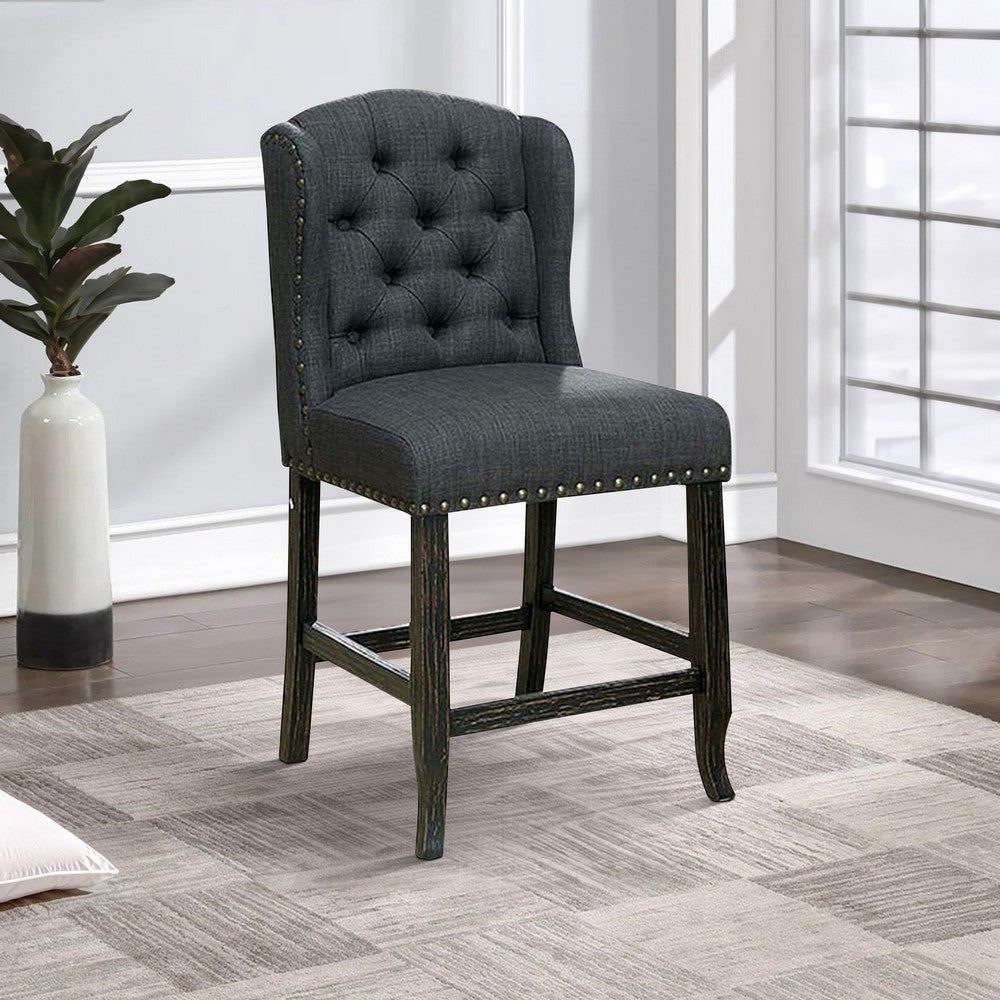 Benjara Bega 24 Inch Counter Height Chair, Set of 2, Wingback, Tufted, Smooth Gray