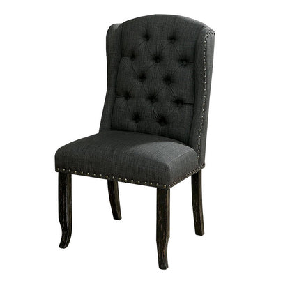 Benjara Bega 23 Inch Dining Chair, Set of 2, Wingback, Button Tufted, Black, Gray
