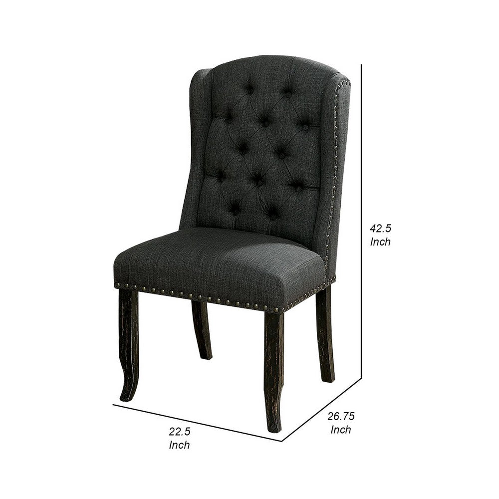 Benjara Bega 23 Inch Dining Chair, Set of 2, Wingback, Button Tufted, Black, Gray
