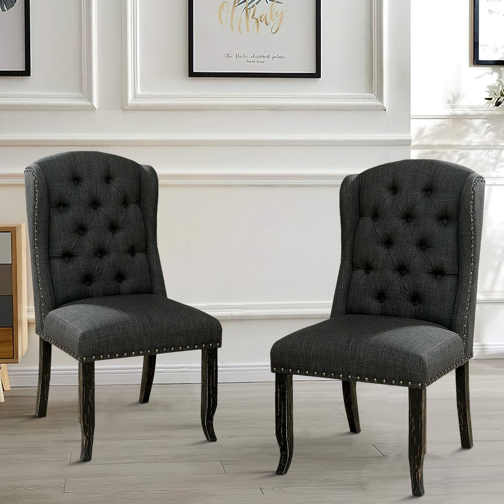 Benjara Bega 23 Inch Dining Chair, Set of 2, Wingback, Button Tufted, Black, Gray