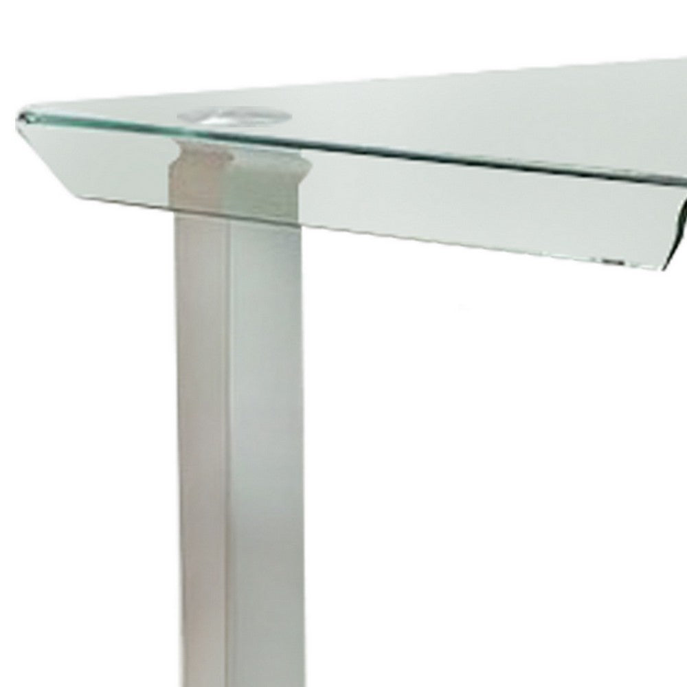 Benjara Jan 39 Inch Counter Height Glass Table, Square Top, Curved, Chrome Legs