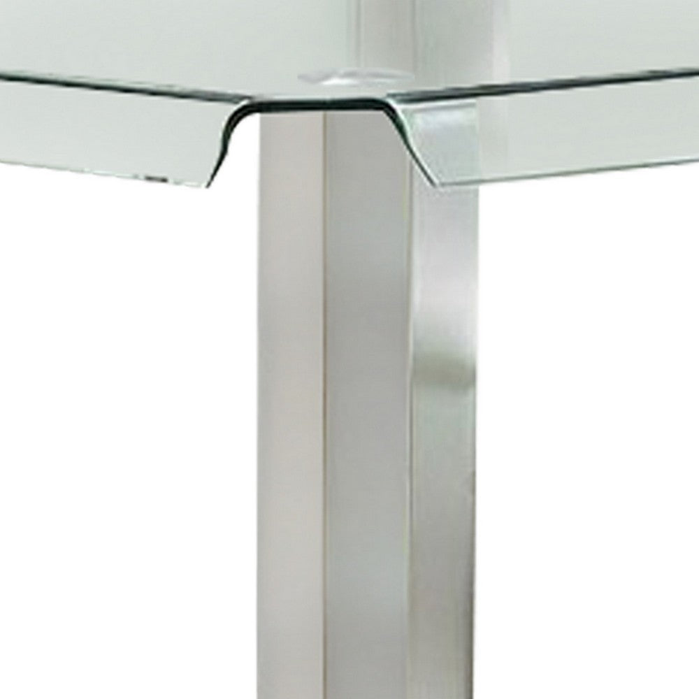 Benjara Jan 39 Inch Counter Height Glass Table, Square Top, Curved, Chrome Legs