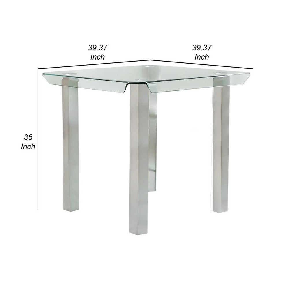 Benjara Jan 39 Inch Counter Height Glass Table, Square Top, Curved, Chrome Legs