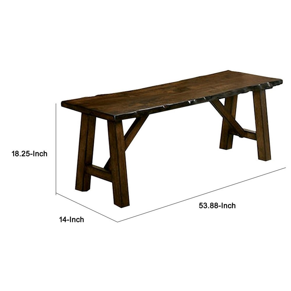 Benjara Naef 54 Inch Wood Dining Bench, Walnut Brown, Live Edges, Angled Legs