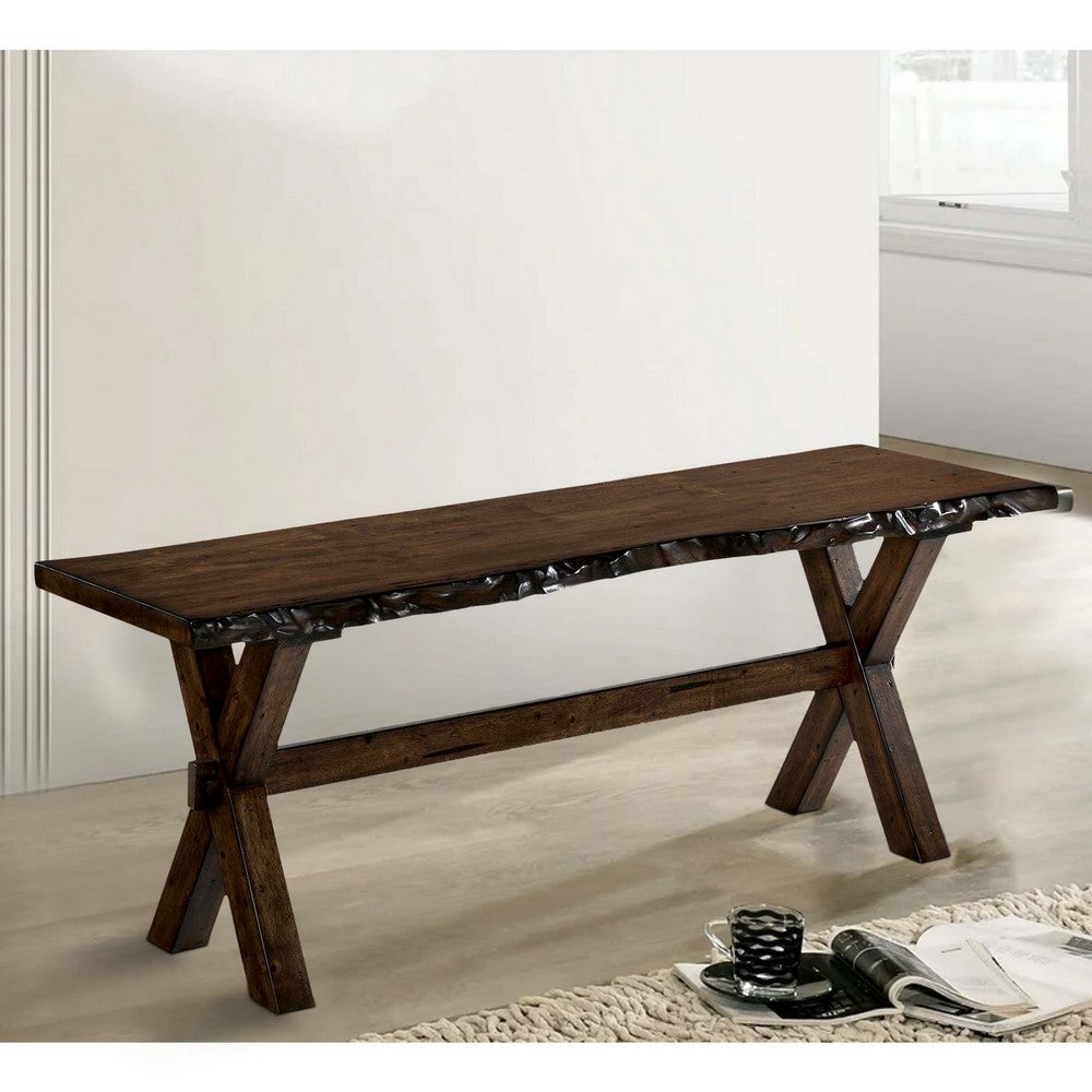 Benjara Naef 54 Inch Wood Dining Bench, Walnut Brown, Live Edges, Angled Legs