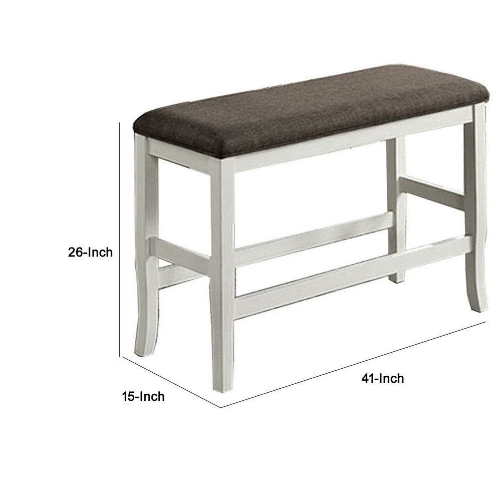 Benjara Rune 41 Inch Counter Height Bench, Off White Wood Base, Gray Padded Seat